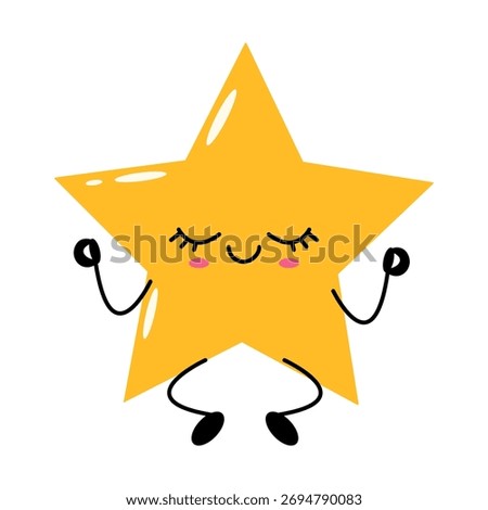 Meditating kawaii star character in flat yellow style