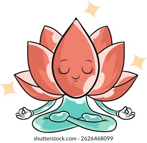 Meditating lotus flower cartoon, symbolizing yoga and well-being.