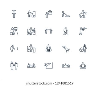 Meditating, Mahjong, Rappelling, Checkers, Arrest, Horse riding, Hiking, Shopping, Petanque, Game playing, Drawing outline vector icons from 20 set