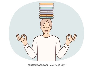Meditating man with books on head stands with eyes closed trying to maintain balance between study and rest. Young guy student or high school student with textbooks for independent education