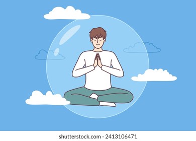 Meditating man does yoga in lotus position in transparent bubble flying in sky and performing zen exercises. Guy is protected by imaginary cocoon that appeared thanks to meditation and yoga