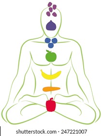 Meditating man with fruits and vegetables instead of his seven body chakras. Isolated vector illustration over white background.