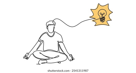 Meditating man illustrated with a light bulb on his head in a continuous one line drawing. Concept of inspiration and ideas. Minimalist hand-drawn vector design.