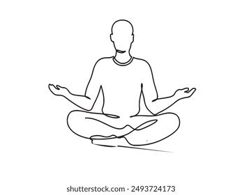 Meditating man in lotus yoga pose. line drawing. Vector illustration.
