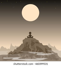 meditating man on the background of the moon and mountains