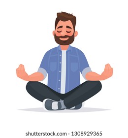 Meditating man over isolated background. Keep calm. Vector illustration in cartoon style