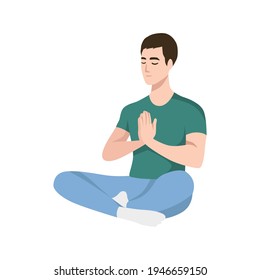 Meditating man over isolated background. Keep calm. Vector illustration in cartoon style