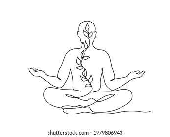 Meditating man with plant in lotus yoga pose. Continuous one line drawing. Vector illustration.