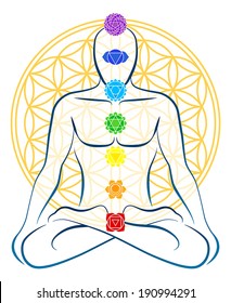 Meditating man with the seven main chakras, which match perfectly onto the junctions of the Flower-of-Life-Symbol in the background.