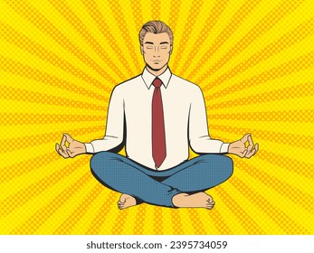 Meditating man in shirt, tie and trousers. Handsome young man in the lotus position. Pop art vintage vector illustration