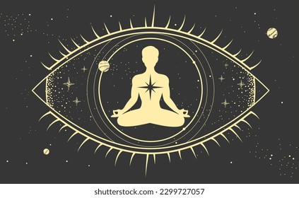 Meditating man silhouette inside the all seeing eye. Modern magic witchcraft astrology background. Vector illustration