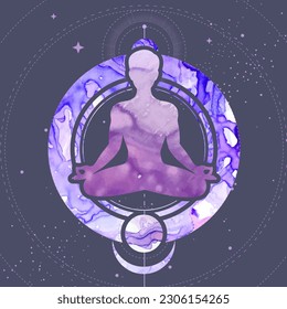 Meditating man silhouette on outer space background. Alcohol ink vector illustration