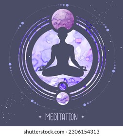 Meditating man silhouette on outer space background. Alcohol ink vector illustration