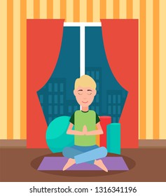 Meditating man sitting cross-legged on floor, training mat and ball. Room with panoramic window and wallpaper in stripes. Workout person indoor vector