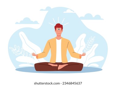 Der Mensch mit dem dritten Auge auf seine Stirn zu vermitteln, benutzt die Intuition, um Entscheidungen zu treffen. Junge sitzt in Lotus-Position. Gleichgewicht und Ruhe. Psychische Gesundheit. Vectorcartoon-Flachkonzept einzeln