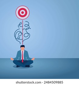 A meditating man tries to focus his mind reaching a target above his head, an illustration of focus.