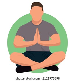 Meditating man. Vector illustration of cartoon young brunette man in grey t-shirt sitting in yoga lotus position surrounded by green circle