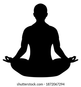 Meditating man vector silhouette, yoga lotus pose on white background