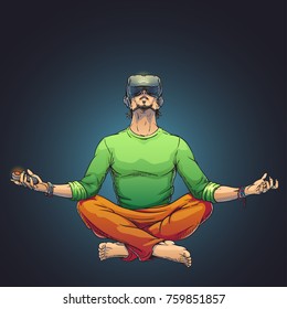 Meditating man in virtual reality glasses illustration