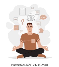 El hombre meditando. Un joven practicando meditación en pose de loto. Concentración, conciencia, atención. Un empresario o empleado asalariado participa en la gestión del estrés. Ilustración vectorial plana