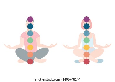 Meditating men and women with 9 chakras in lotus pose performing vipassana. Female and male cartoon character sitting in yoga posture with isolated background. Colourful flat vector illustration