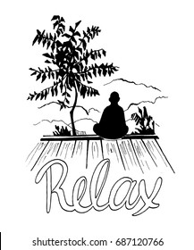 A meditating monk on the background of mountains and trees. Hand drawn vector illustration