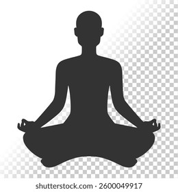 Meditating monk silhouette on transparent background. Bald male sitting in lotus position. Man doing yoga. Vector illustration