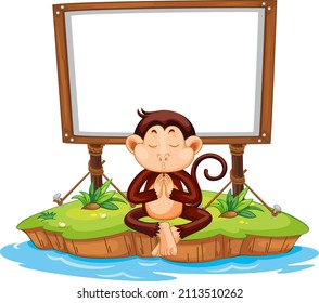 Meditating monkey with blank board on white background illustration