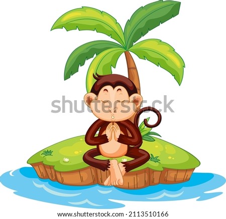 Meditating monkey cartoon character on isolated island illustration