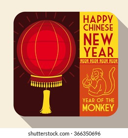 Meditating monkey in-line and traditional Chinese lantern for New Year in flat squared button.