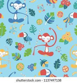 Meditating monkeys with toucans, leaves, and flowers on a blue background. Seamless vector pattern. Perfect for the childrens market - fabric, wallpaper, stationary.