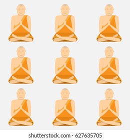 Meditating monks are sitting in a lotus pose. Cute Buddhas cartoon vector illustration isolated on white background.
