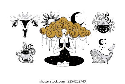 Meditating mystical boho woman, witch linear sticker set, female uterus, magic potion, celestial whale, mystical symbols. Modern vector line illustration isolated on white background.