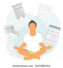 Meditating office worker. Young man meditate sitting in a lotus position surrounded by documents, paperwork and work tasks. Vector illustration
