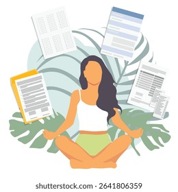 Meditating office worker. Young woman meditate sitting in a lotus position surrounded by documents, paperwork and work tasks. Vector illustration