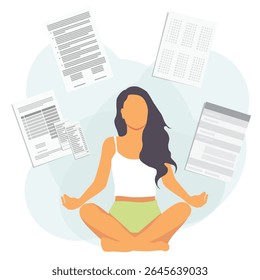 Meditating office worker. Young woman meditate sitting in a lotus position surrounded by documents, paperwork and work tasks. Vector illustration