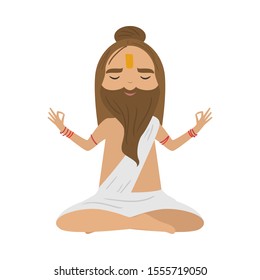 Meditating old yogi man with brown hair and beard sitting in a lotus position. Vector illustration in flat cartoon style.