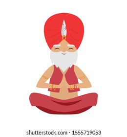 Meditating old yogi man with a feather on a red turban sitting in a lotus position. Vector illustration in flat cartoon style.