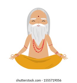 Meditating old yogi man with grey hair and beard sitting in a lotus position. Vector illustration in flat cartoon style.