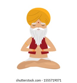 Meditating old yogi man with yellow turban sitting in a lotus position. Vector illustration in flat cartoon style.