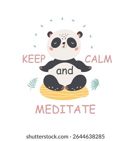 Meditando o modelo de impressão de desenhos animados panda. Urso asiático bonito sentado no tapete de ioga na pose de meditação. Mantenha a calma, mente silenciosa e relaxamento, cartão de vetor