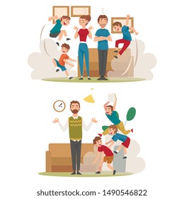 Meditating Parents and Mischievous Children Set, Kids Having Fun at Home, Naughty, Rowdy Children, Bad Child Behavior Vector Illustration