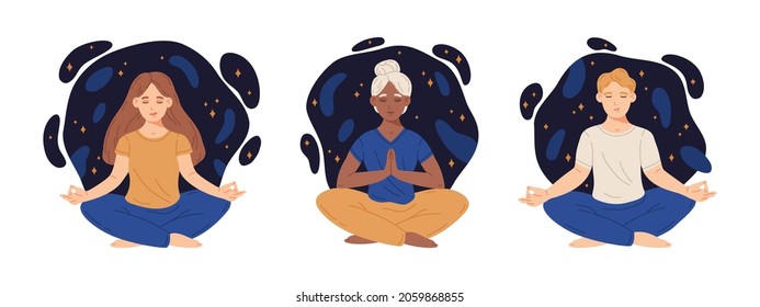 Menschen zu vermitteln. Cartoon männliche und weibliche Charaktere sitzen in Yoga-Lotus Pose, wurde Menschen meditieren. Hochdruck-Reliefs- und Meditationsflaeche Vektorgrafik-Set