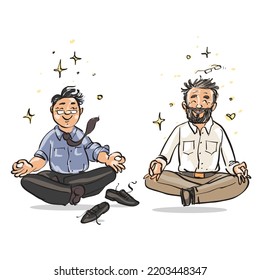 Meditar A La Gente. Dibujo vectorial de caricatura de un par de hombres practicando juntos. Graciosos personajes masculinos lindos, compañeros, amigos o colegas.