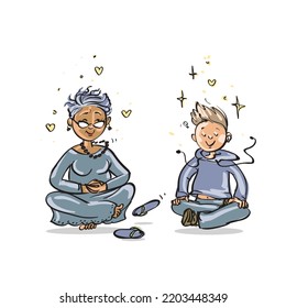 Meditating People. Cartoon vector drawing of a grandmother and her nephew practicing together. Funny cute characters or a different age.