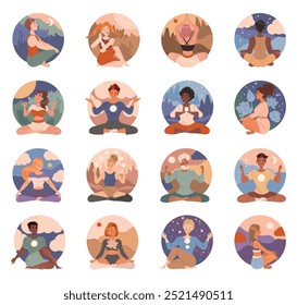 Meditating People Character Sitting in Lotus Pose Vector Set