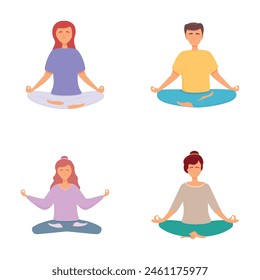 Meditating people icons set cartoon vector. People in yoga lotus posture. Emotion harmony