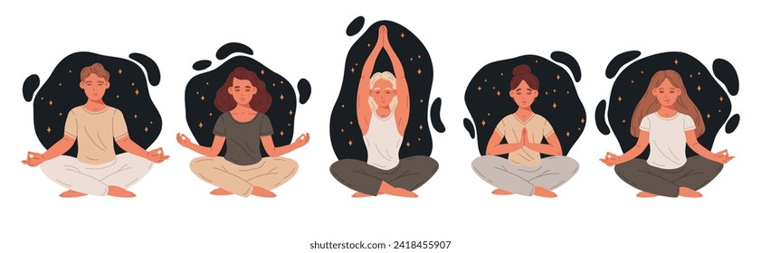 Meditating people. Man and woman in yoga lotus pose, meditation practice and stress relief flat vector illustration set. Meditation and breath exercise