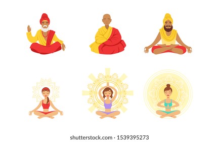 Meditating People in Yoga Lotus Poses Set, Yogi Men, Girl Practicing Yoga in Studio Vector Illustration