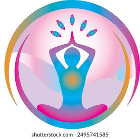 Meditating person in circle. Colorful meditation. Man Meditation. Rays of light are emanating from the heart. Vector art. Editable and printable. Suitable for use anywhere.